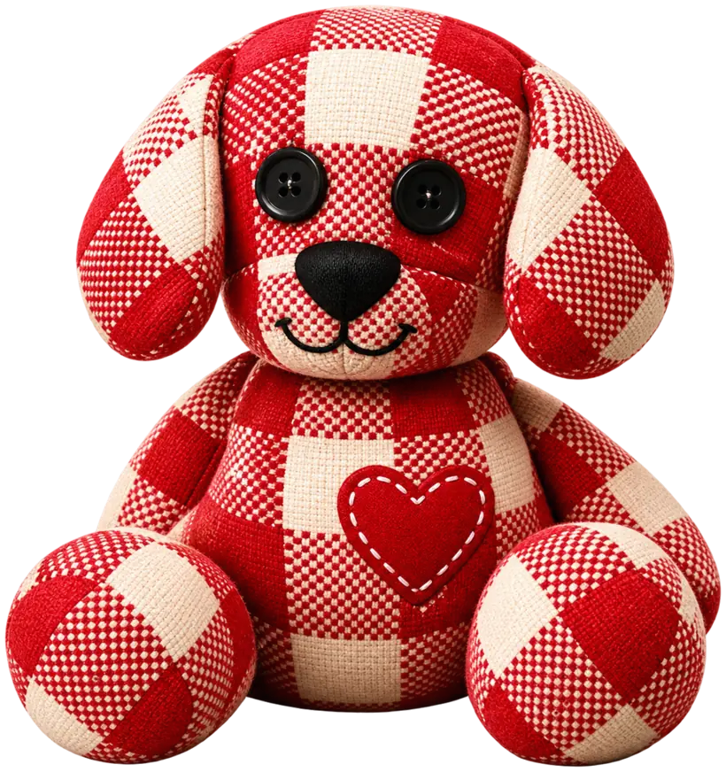 Bobby, el perrito de peluche a cuadros rojos y crema