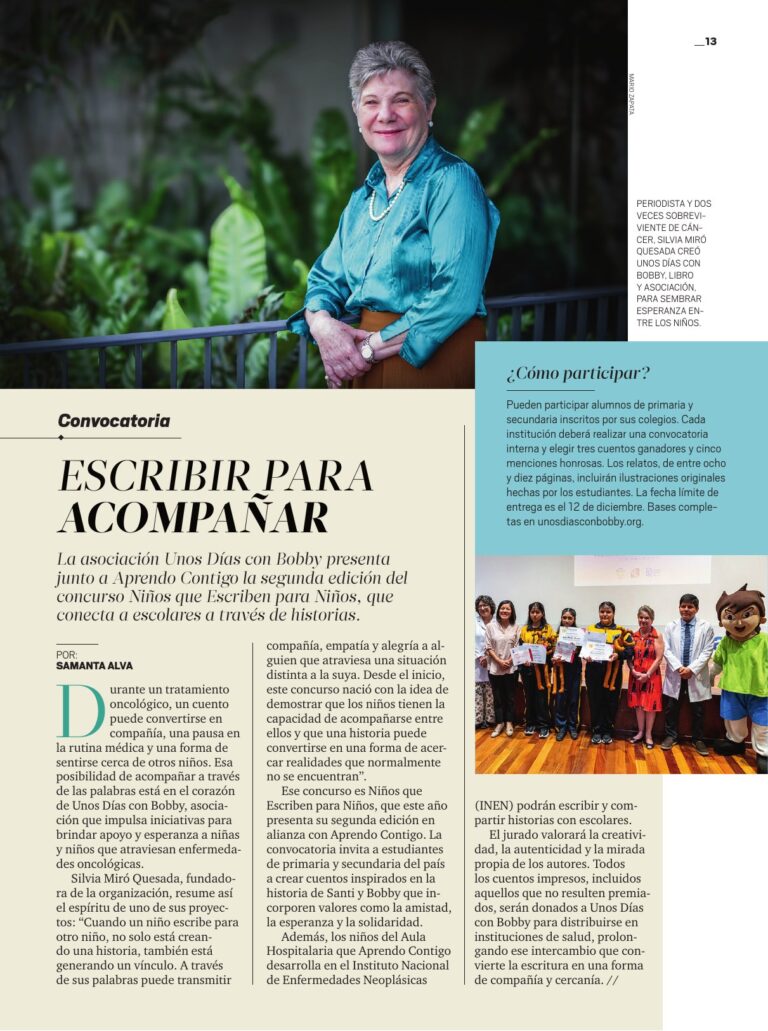Pagina de revista con reportaje sobre Unos Dias con Bobby y el concurso Escribir para Acompanar